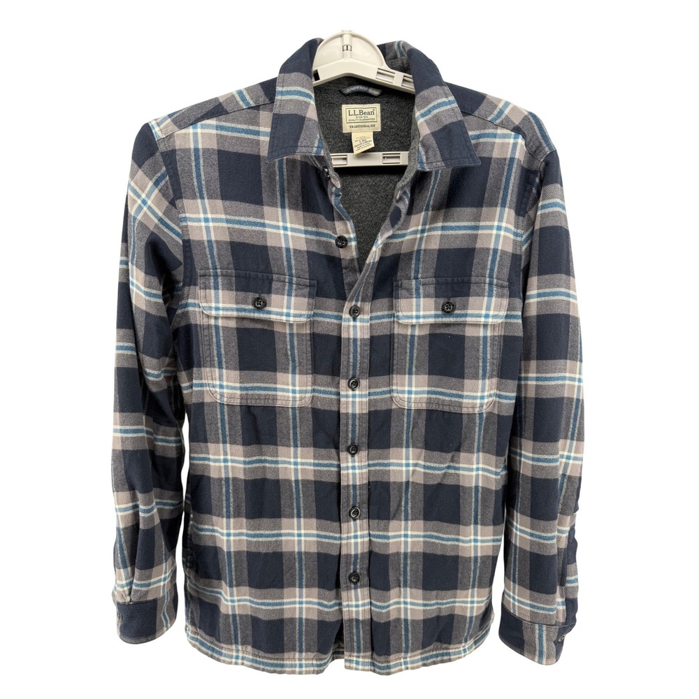 LL Bean Mens Fleece Lined Flannel Shirt Jacket Navy‎ Blue Plaid Small